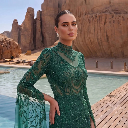 Alinovia Emerald Green Mermaid Evening Gown, Hand Sequined Beaded High Neck Cape Sleeve Formal Dress for Muslim Wedding EV1817