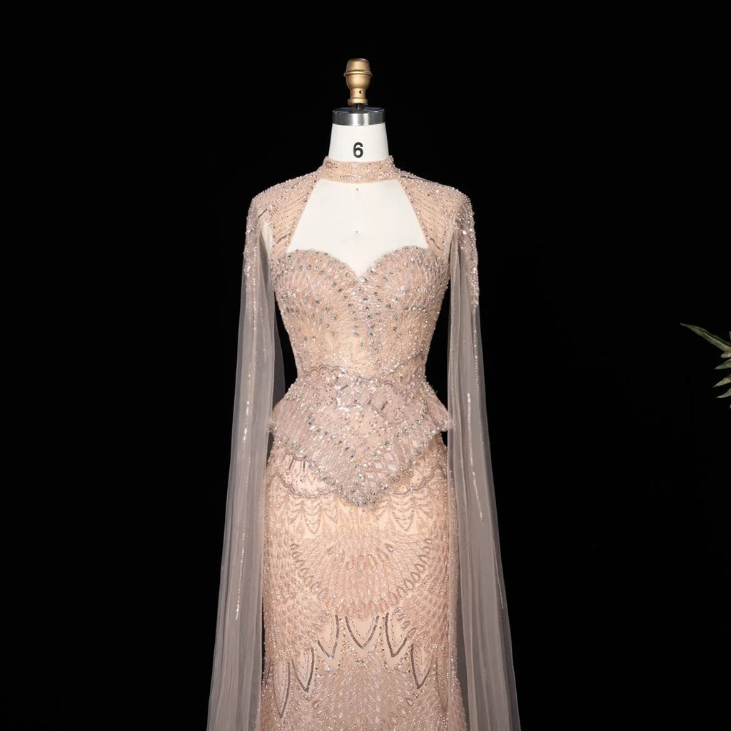 Luxury Modest Champagne Mermaid Evening Gown Beaded Formal Dress With Cape Sleeves For Muslim Wedding EV1816