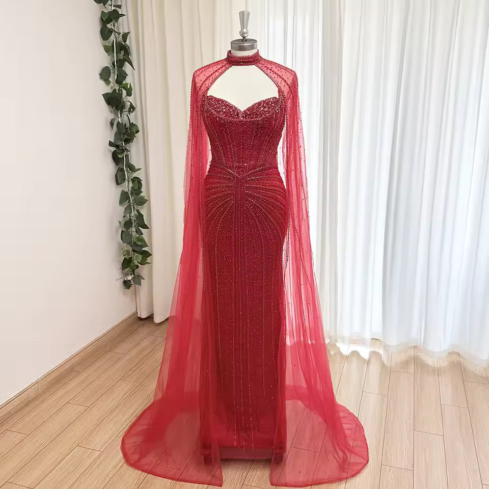 Luxury Dubai Rhinestone Evening Dress With Long Tulle Cape Sleeves Fitted Bodycon Formal Gown For Beach Wedding Banquet Gala EV1337