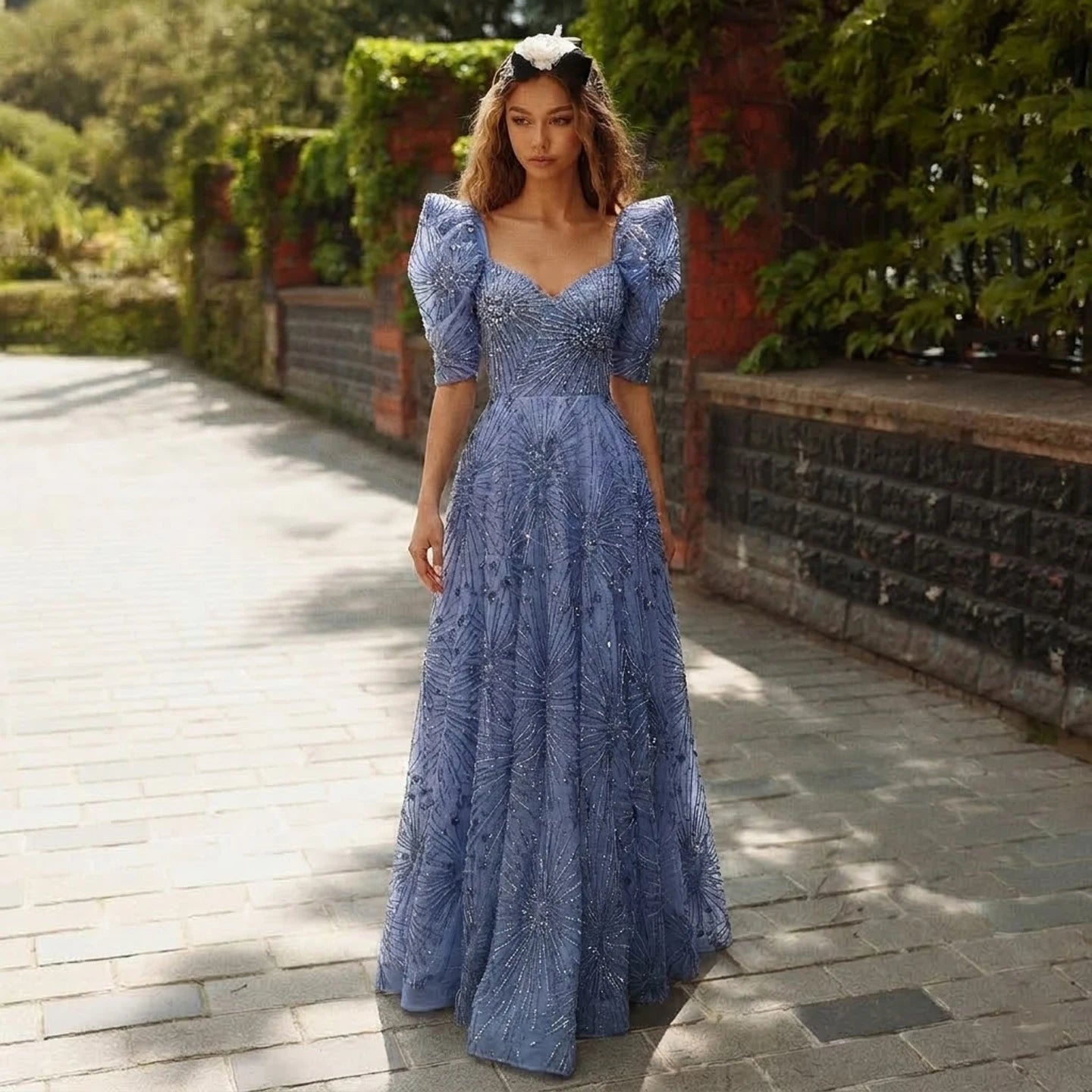 Luxury Beaded Formal Evening Gown Puff Sleeve Sweetheart A-Line Tulle Prom Dress Luxury Sparkly Long Party Dress for Wedding Guest Gala EV1728