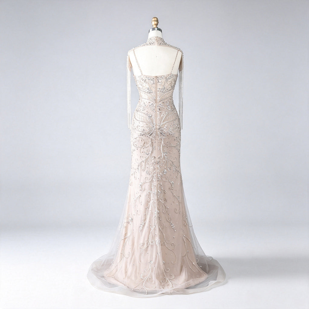 Luxury Champagne Mermaid Evening Gown Heavy Beaded Dubai Formal Dress Detachable Tassel Cape Neck Wedding Party Dress For Women EV1792