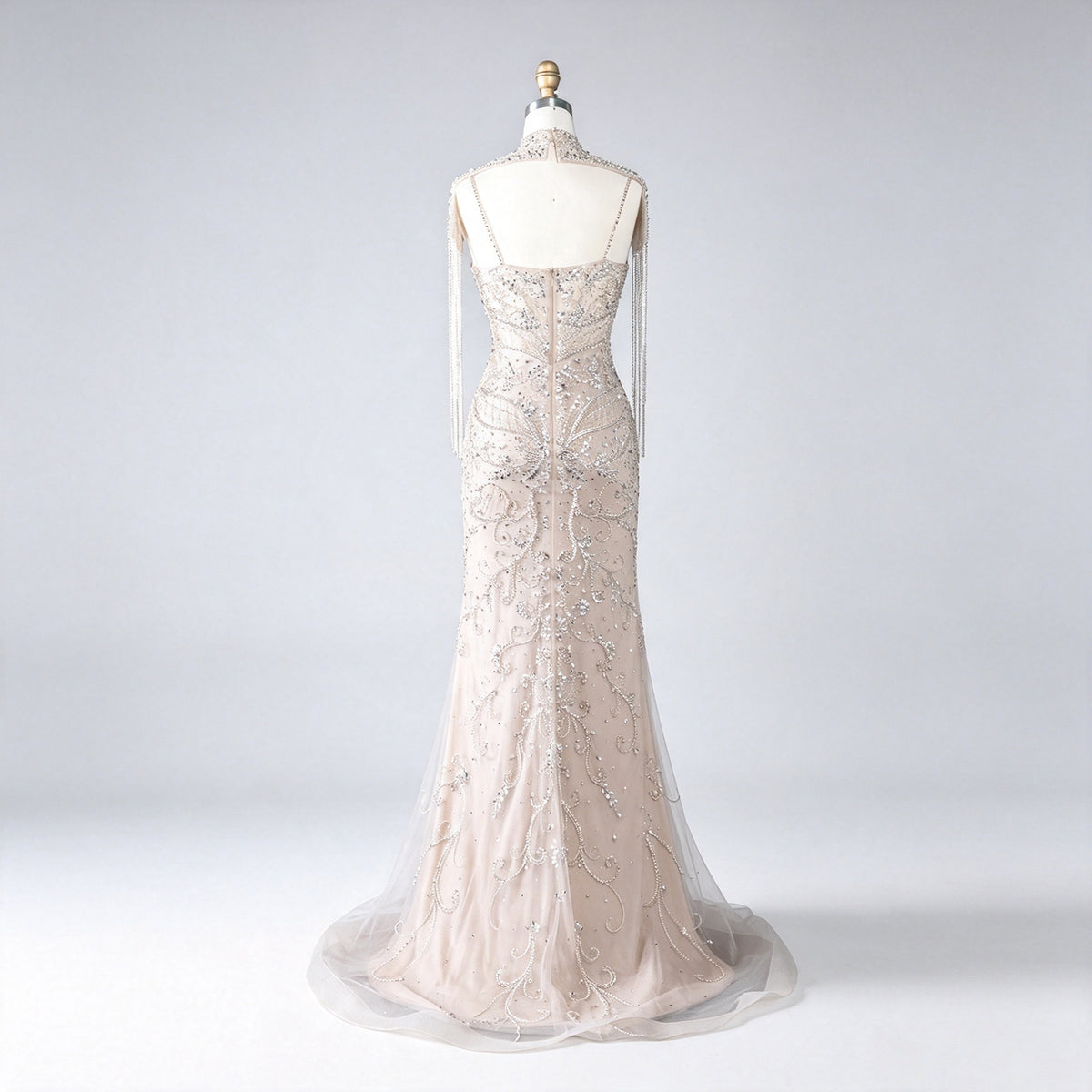 Luxury Champagne Mermaid Evening Gown Heavy Beaded Dubai Formal Dress Detachable Tassel Cape Neck Wedding Party Dress For Women EV1792