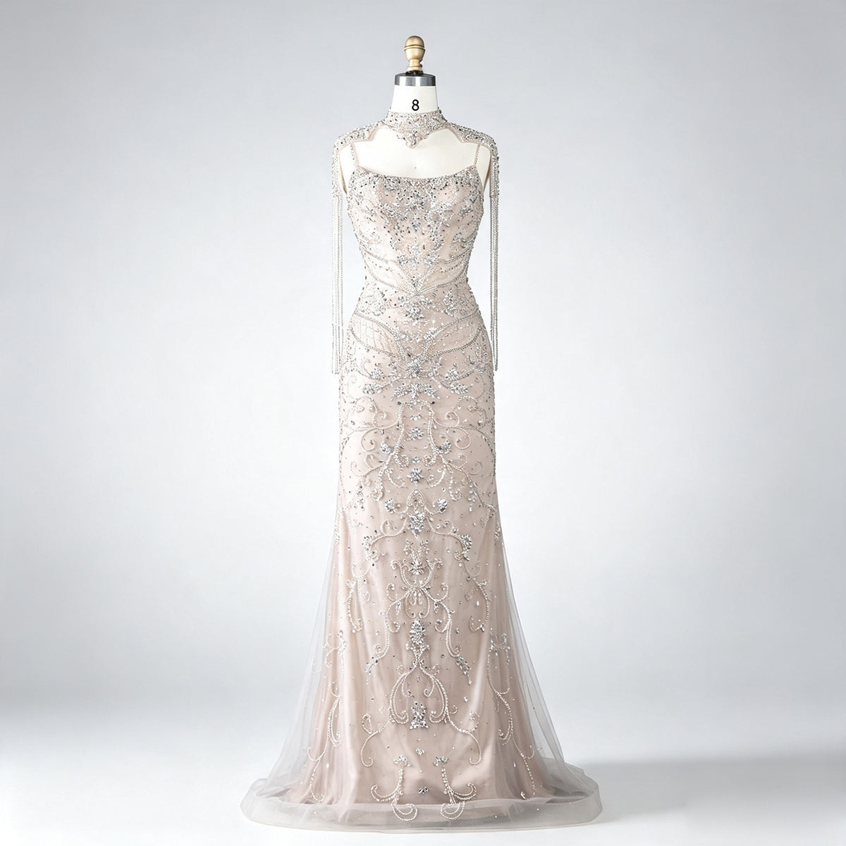 Luxury Champagne Mermaid Evening Gown Heavy Beaded Dubai Formal Dress Detachable Tassel Cape Neck Wedding Party Dress For Women EV1792