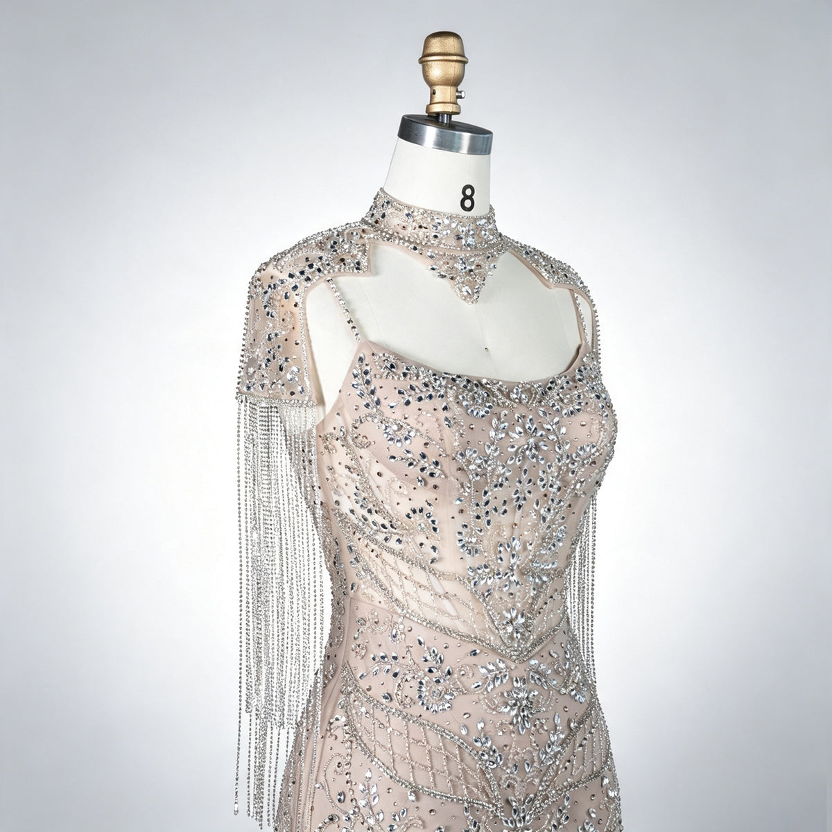 Luxury Champagne Mermaid Evening Gown Heavy Beaded Dubai Formal Dress Detachable Tassel Cape Neck Wedding Party Dress For Women EV1792