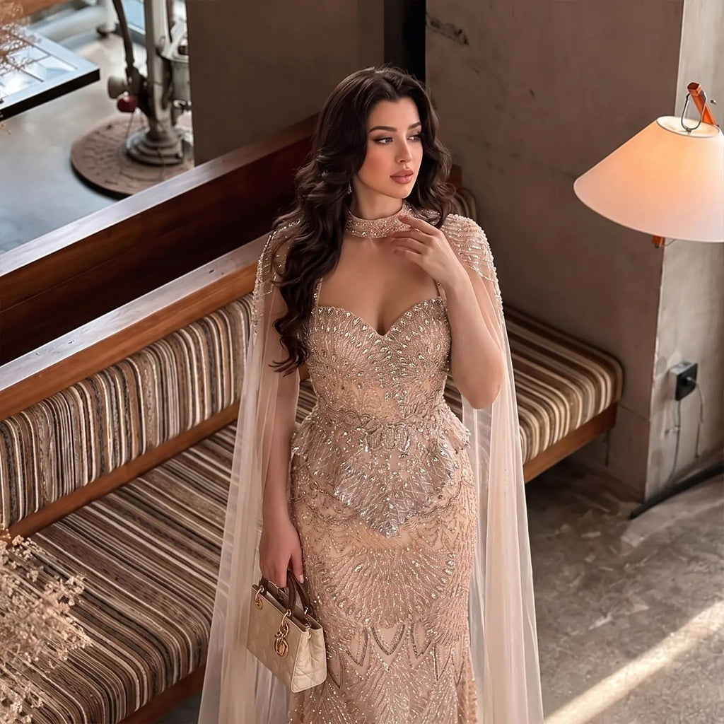 Luxury Modest Champagne Mermaid Evening Gown Beaded Formal Dress With Cape Sleeves For Muslim Wedding EV1816