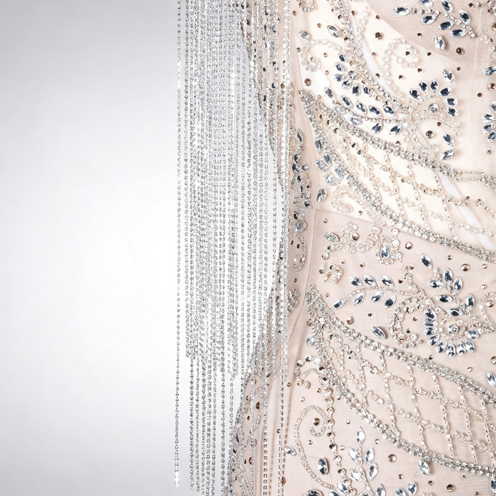 Luxury Champagne Mermaid Evening Gown Heavy Beaded Dubai Formal Dress Detachable Tassel Cape Neck Wedding Party Dress For Women EV1792