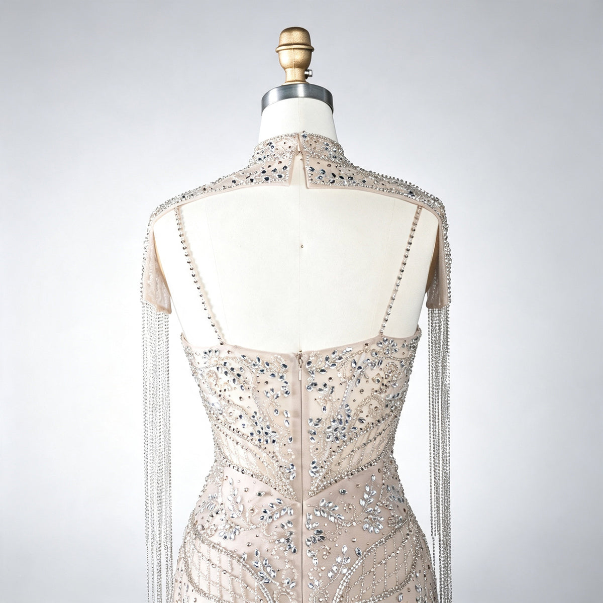 Luxury Champagne Mermaid Evening Gown Heavy Beaded Dubai Formal Dress Detachable Tassel Cape Neck Wedding Party Dress For Women EV1792
