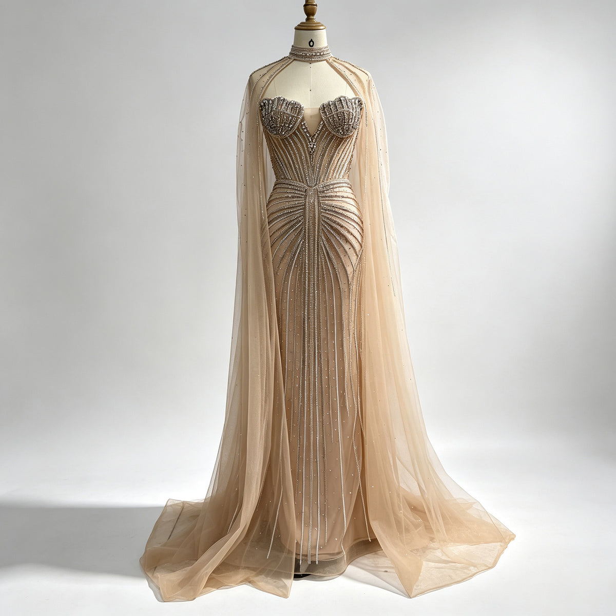 Luxury Pink Beaded Mermaid Evening Dress, High‑Neck Cutout With Sparkling Tulle Cape Sleeves Floor‑Length Formal GownEV1808
