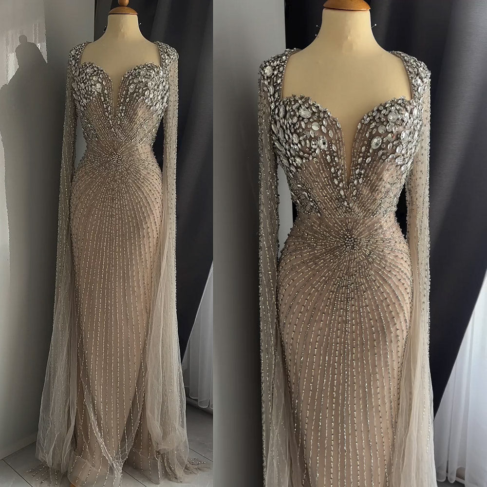 Luxury Champagne Beaded Mermaid Evening Gown With Sheer Cape Sleeves Sparkly Formal Prom Wedding Guest Dress EV1338