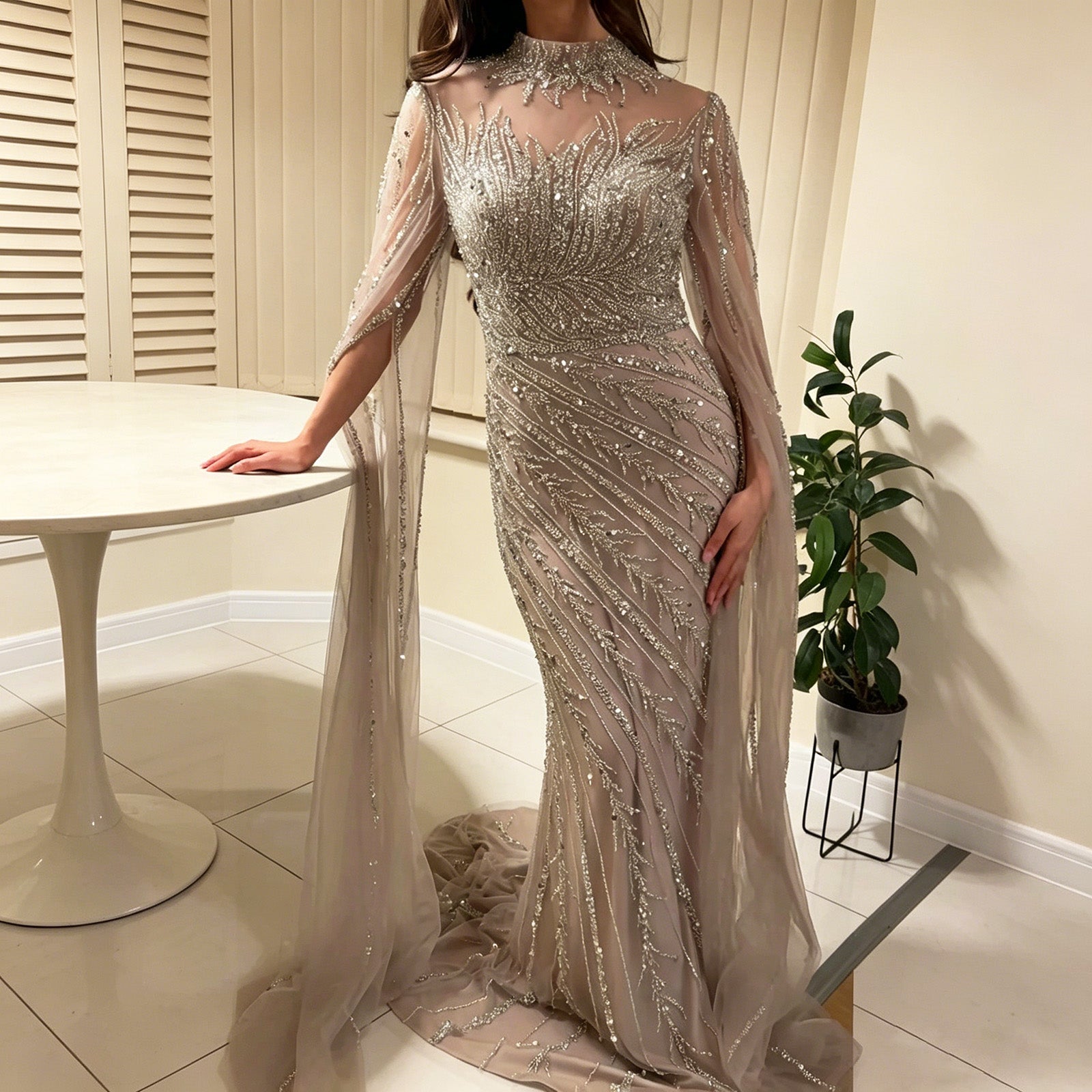 Luxury Dubai Champagne Rhinestone Mermaid Evening Dress High Neck Tulle Cape Sleeve Formal Gown For Wedding Banquet EV1166