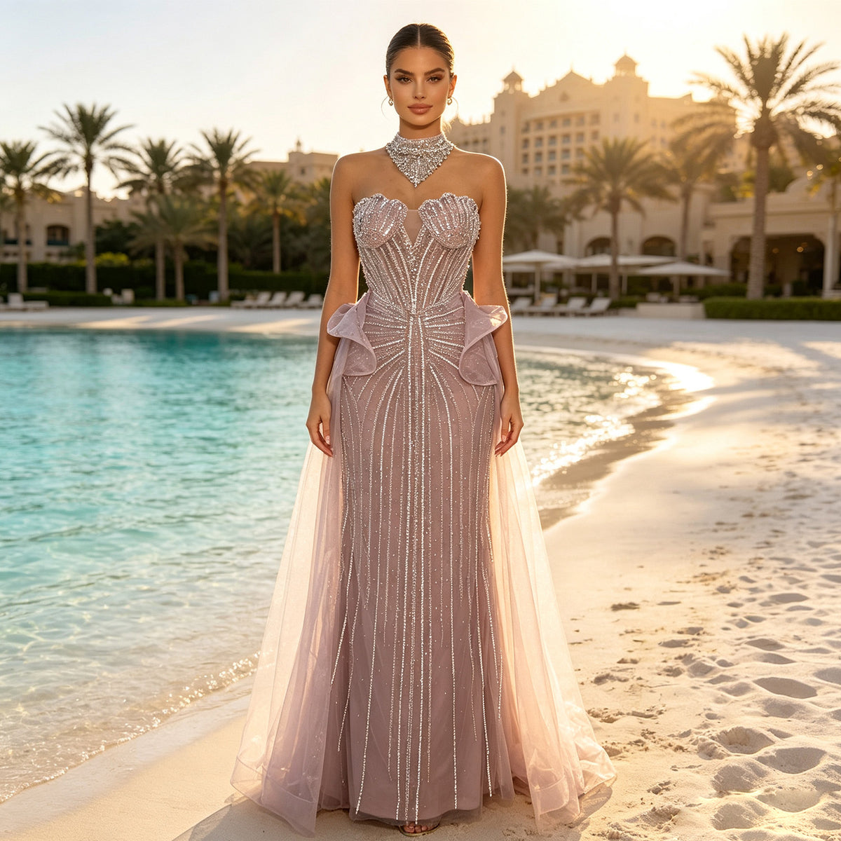 Luxury Pink Beaded Mermaid Evening Gown Detachable Tulle Overskirt Crystal Choker Neck Formal Dress Arabic Wedding Party Gown EV1801