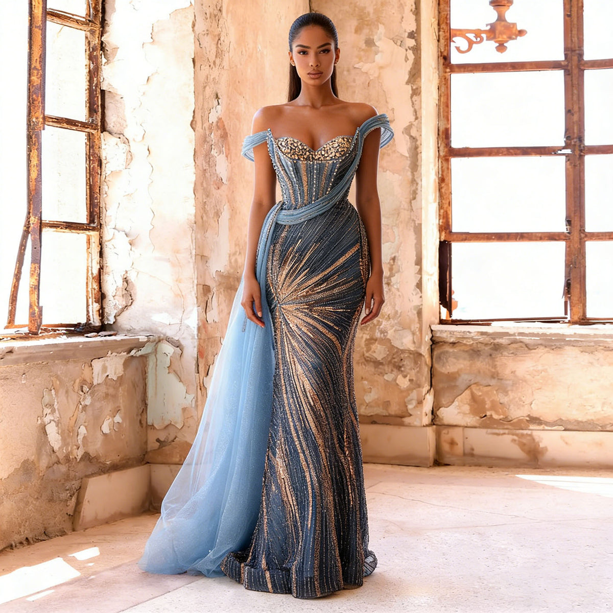 Luxury Dusty Blue Beaded Mermaid Evening Gown One Shoulder Tulle Overskirt Formal Prom Dress EV1727
