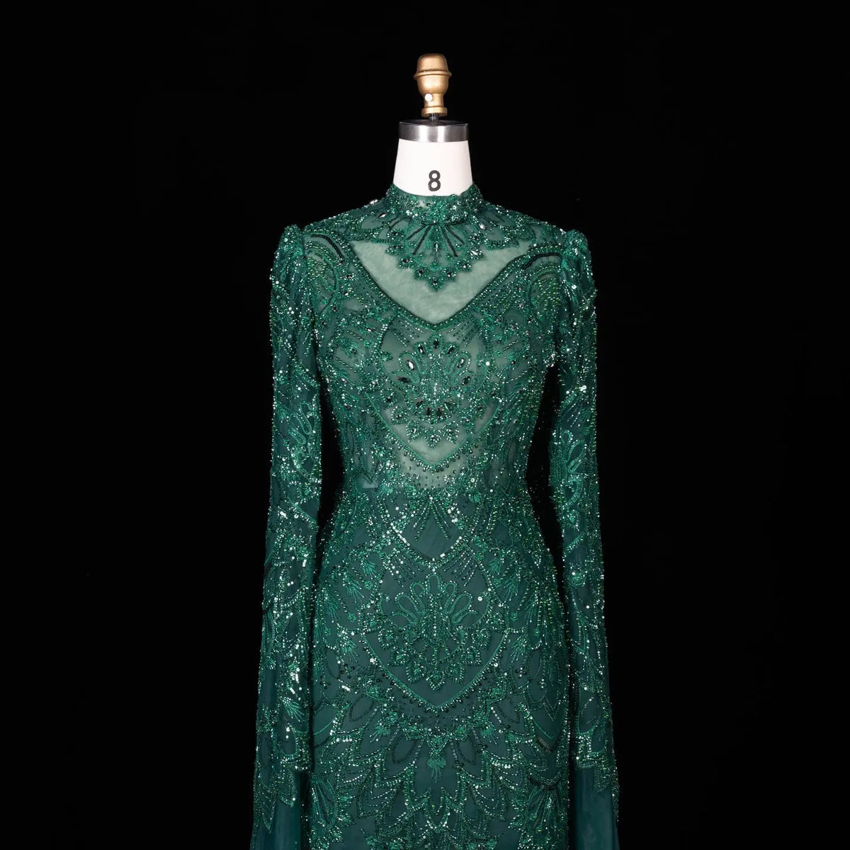 Alinovia Emerald Green Mermaid Evening Gown, Hand Sequined Beaded High Neck Cape Sleeve Formal Dress for Muslim Wedding EV1817