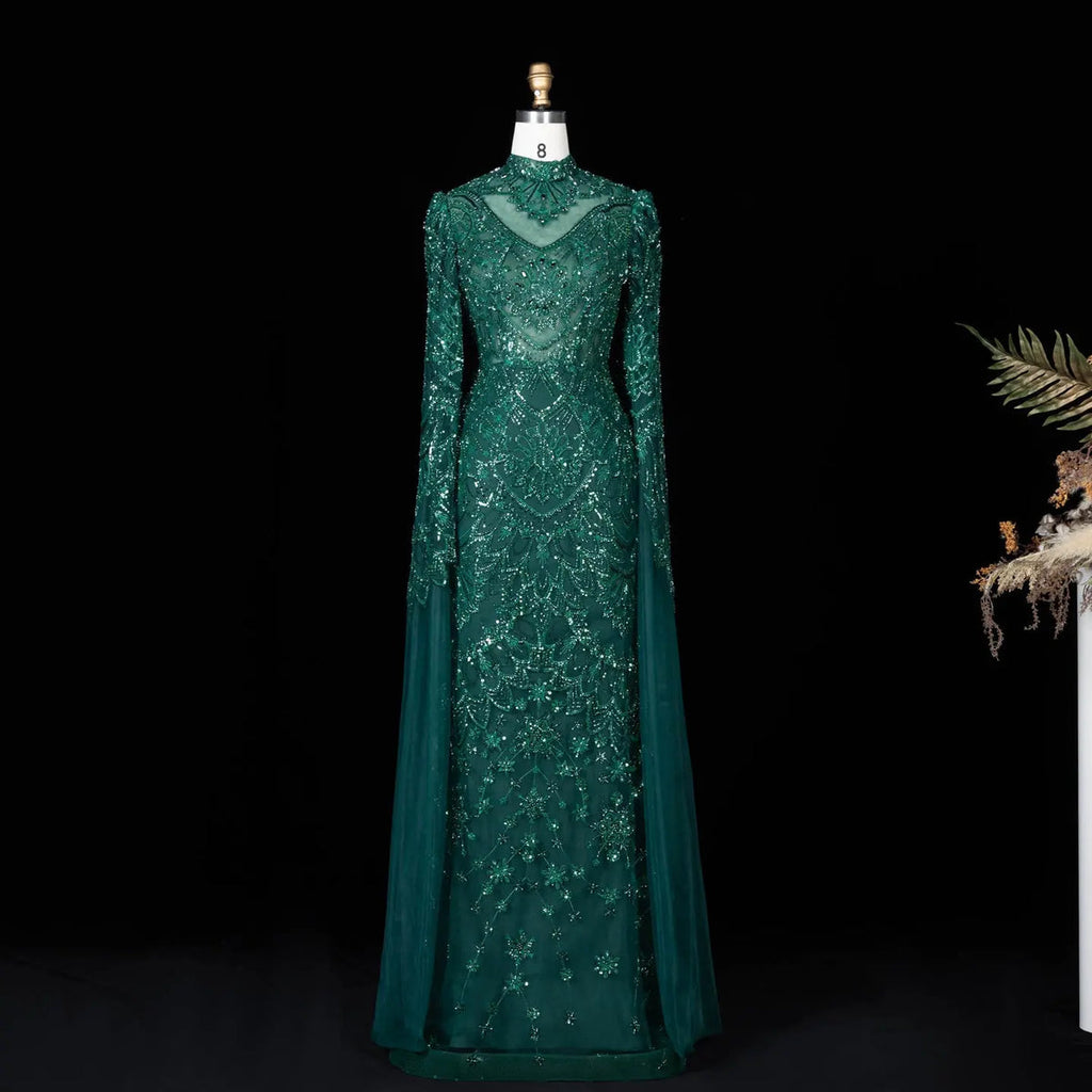 Alinovia Emerald Green Mermaid Evening Gown, Hand Sequined Beaded High Neck Cape Sleeve Formal Dress for Muslim Wedding EV1817
