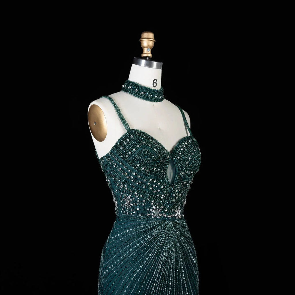Alinovia Mermaid Evening Gown Beaded Handmade Spaghetti Strap Formal Dress With Side Slit for Prom & Gala EV1819