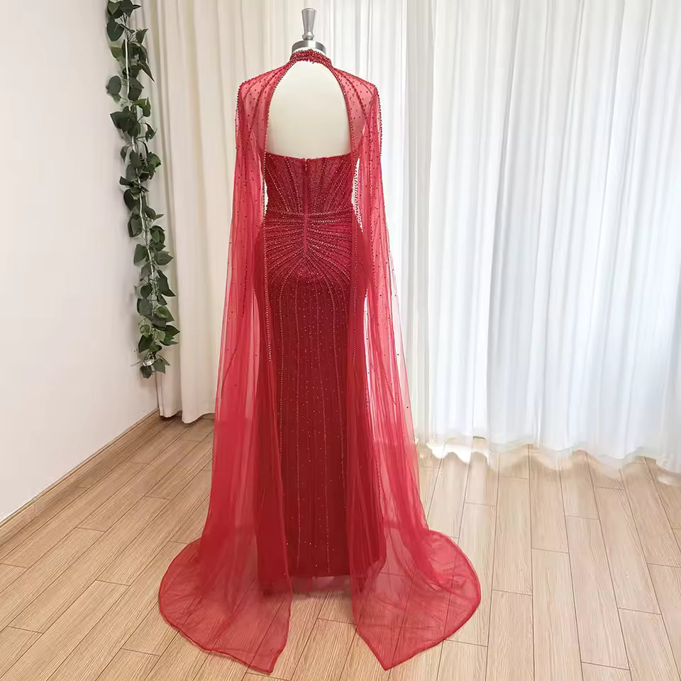 Luxury Dubai Rhinestone Evening Dress With Long Tulle Cape Sleeves Fitted Bodycon Formal Gown For Beach Wedding Banquet Gala EV1337