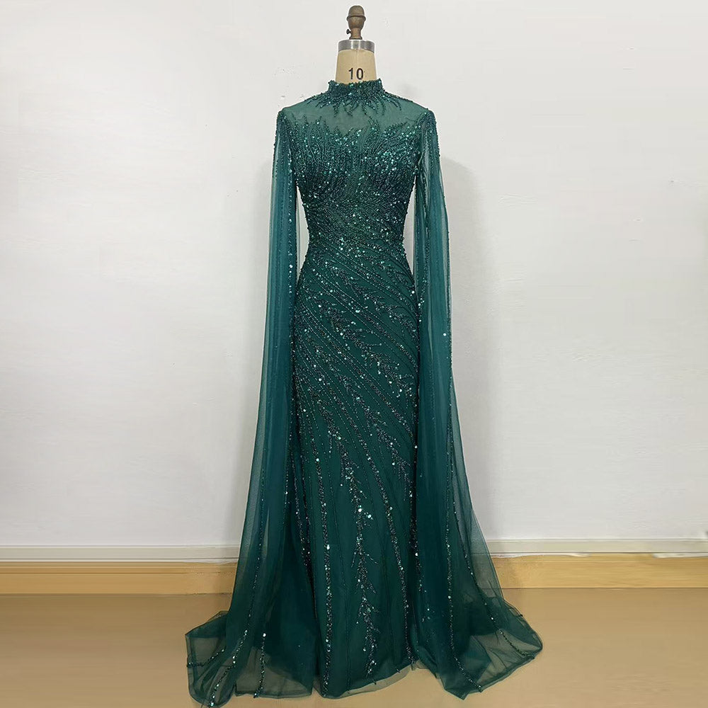 Luxury Dubai Champagne Rhinestone Mermaid Evening Dress High Neck Tulle Cape Sleeve Formal Gown For Wedding Banquet EV1166