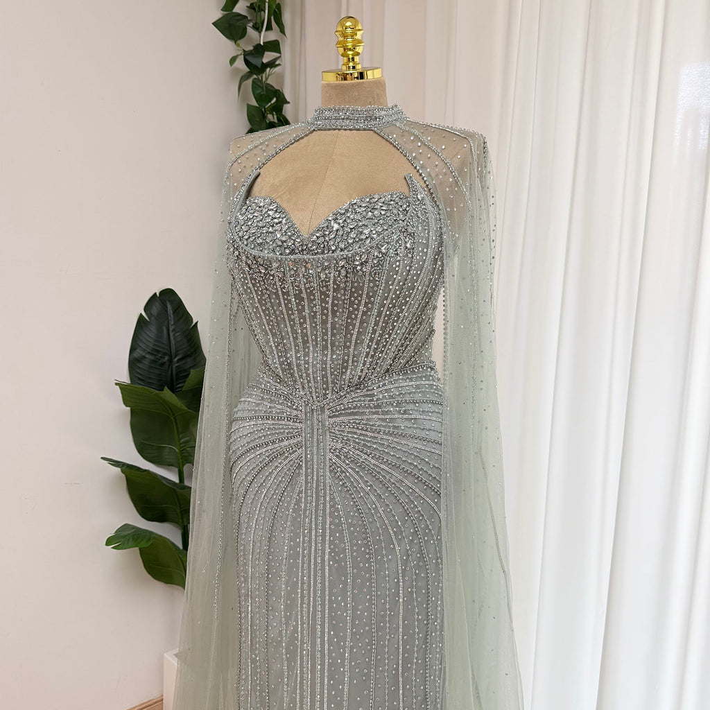 Luxury Dubai Rhinestone Evening Dress With Long Tulle Cape Sleeves Fitted Bodycon Formal Gown For Beach Wedding Banquet Gala EV1337