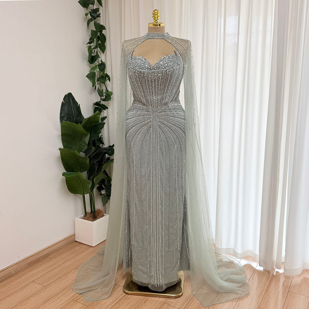Luxury Dubai Rhinestone Evening Dress With Long Tulle Cape Sleeves Fitted Bodycon Formal Gown For Beach Wedding Banquet Gala EV1337