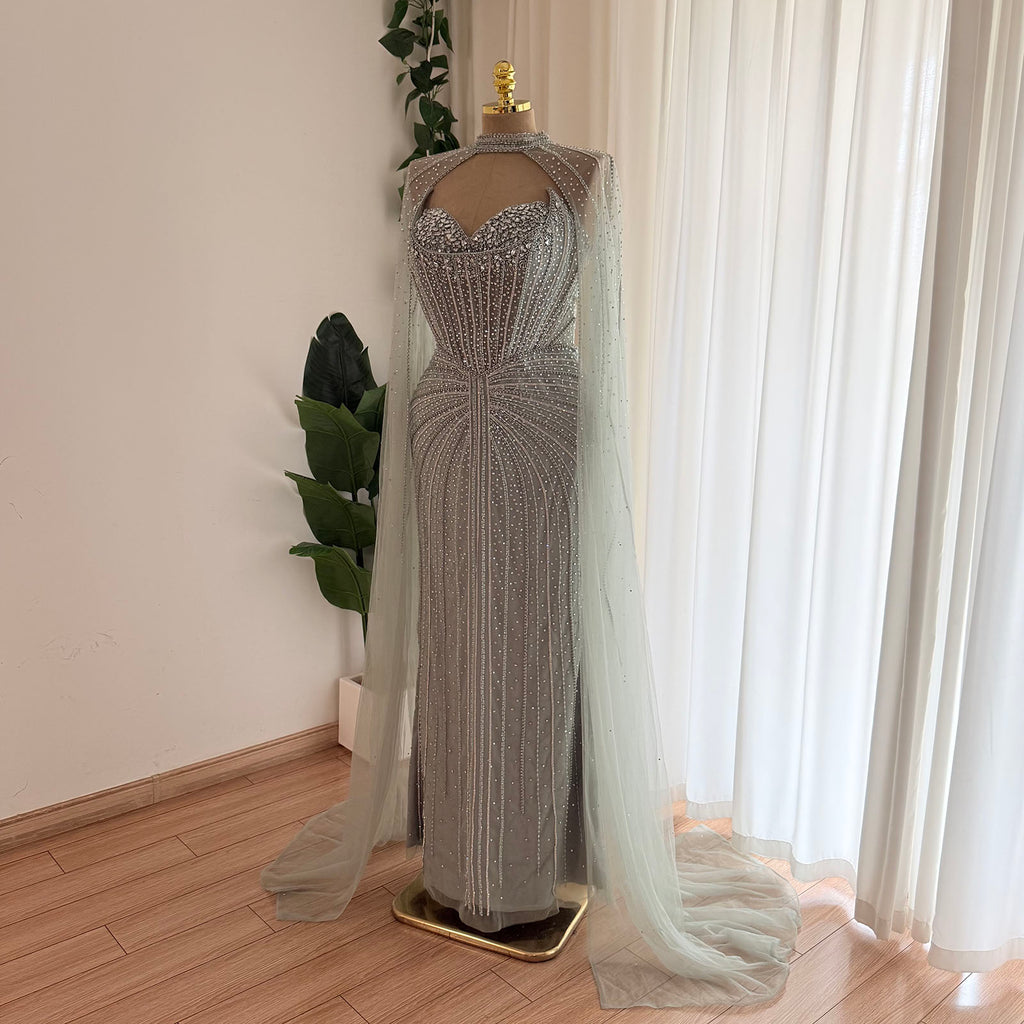 Luxury Dubai Rhinestone Evening Dress With Long Tulle Cape Sleeves Fitted Bodycon Formal Gown For Beach Wedding Banquet Gala EV1337