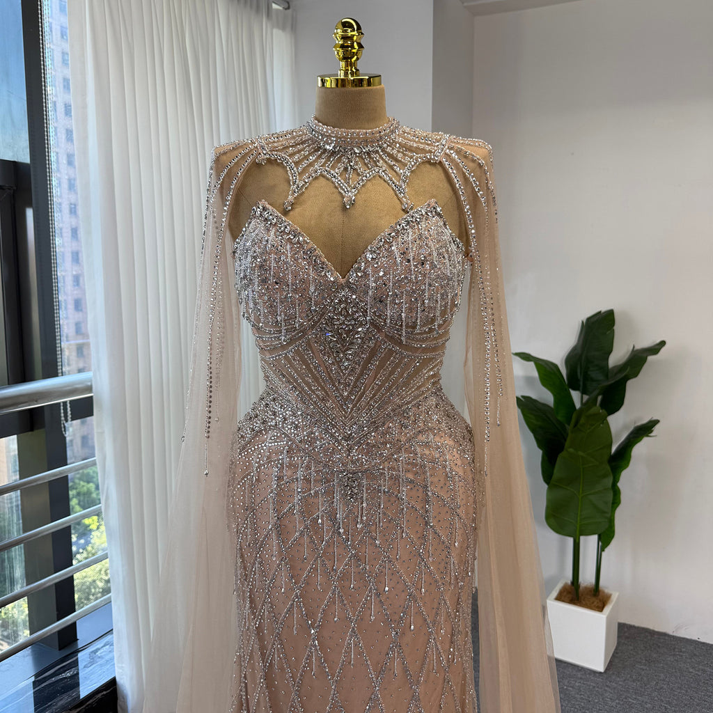 Luxury Rhinestone Mermaid Evening Dress Champagne High Neck Formal Gown With Sheer Tulle Cape For Arabic Wedding