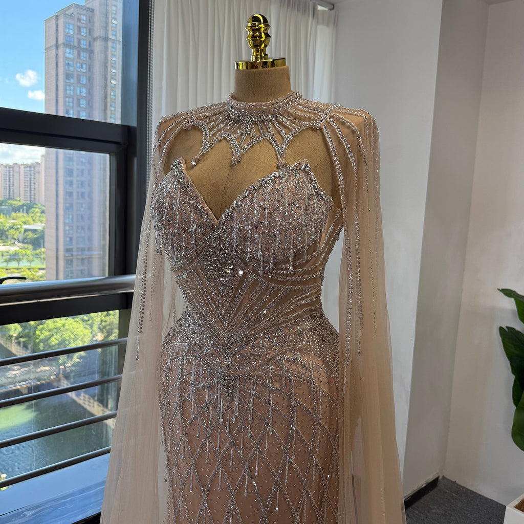 Luxury Rhinestone Mermaid Evening Dress Champagne High Neck Formal Gown With Sheer Tulle Cape For Arabic Wedding