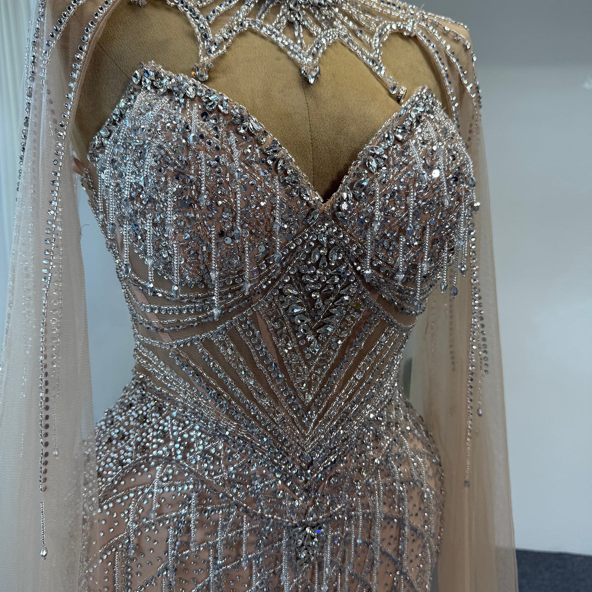 Luxury Rhinestone Mermaid Evening Dress Champagne High Neck Formal Gown With Sheer Tulle Cape For Arabic Wedding
