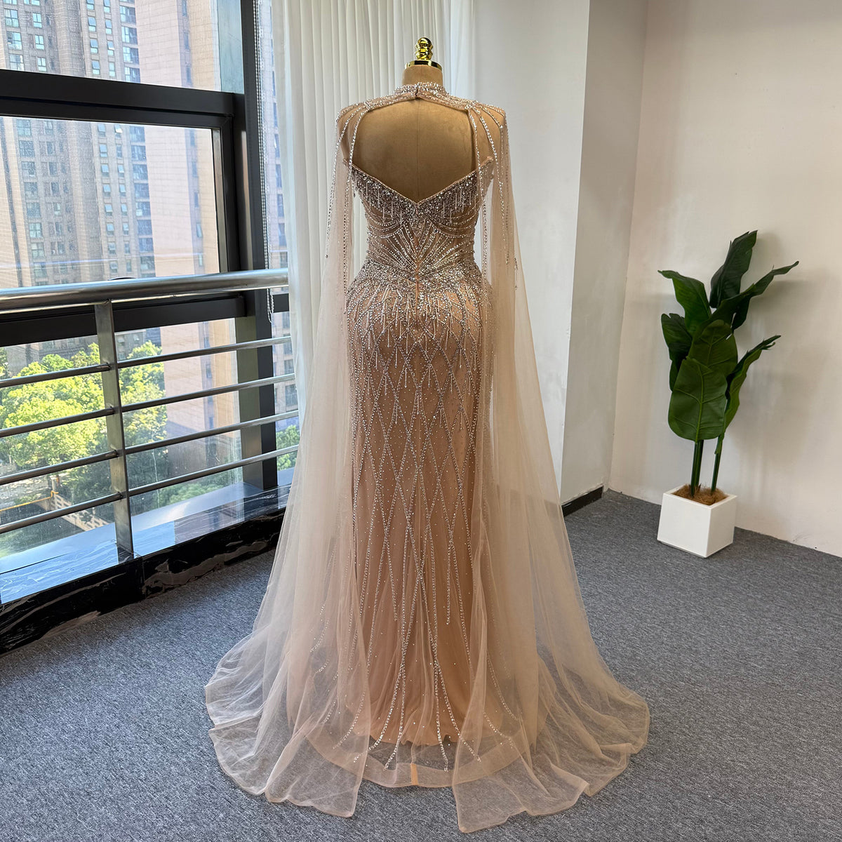 Luxury Rhinestone Mermaid Evening Dress Champagne High Neck Formal Gown With Sheer Tulle Cape For Arabic Wedding