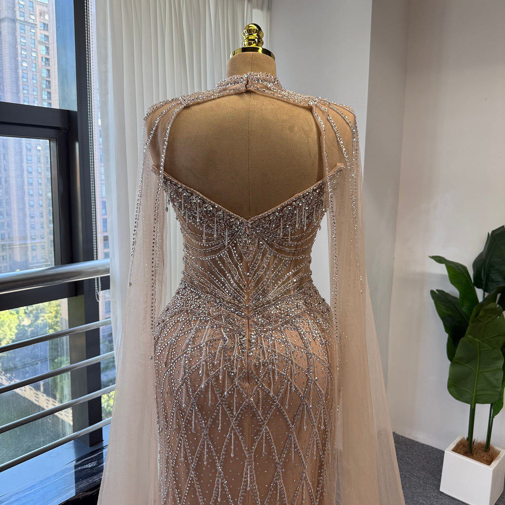 Luxury Rhinestone Mermaid Evening Dress Champagne High Neck Formal Gown With Sheer Tulle Cape For Arabic Wedding