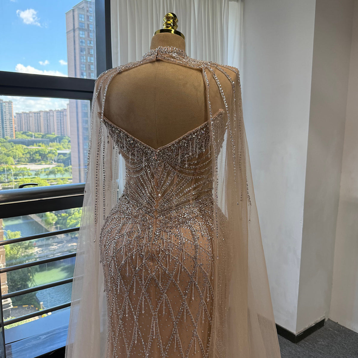 Luxury Rhinestone Mermaid Evening Dress Champagne High Neck Formal Gown With Sheer Tulle Cape For Arabic Wedding