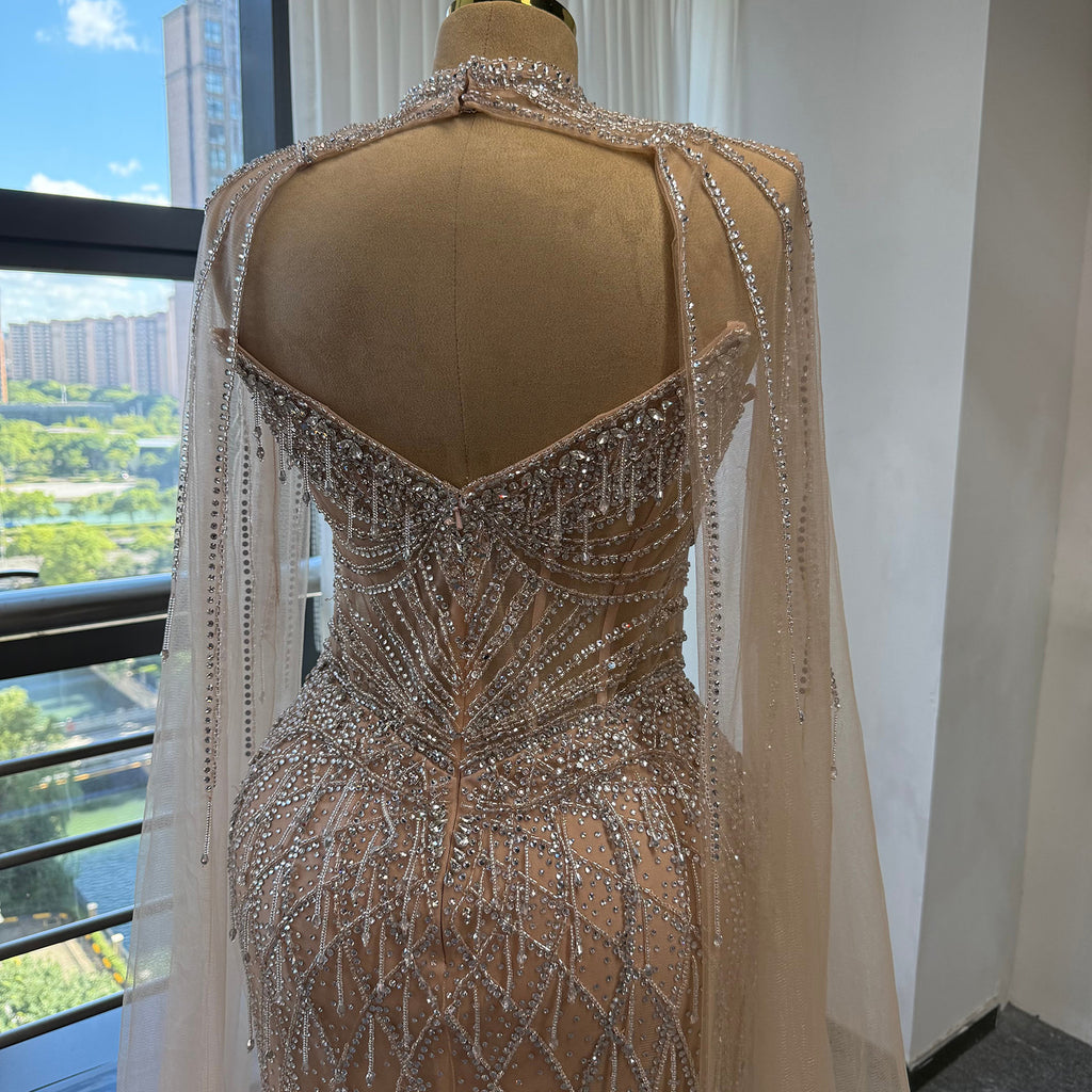 Luxury Rhinestone Mermaid Evening Dress Champagne High Neck Formal Gown With Sheer Tulle Cape For Arabic Wedding