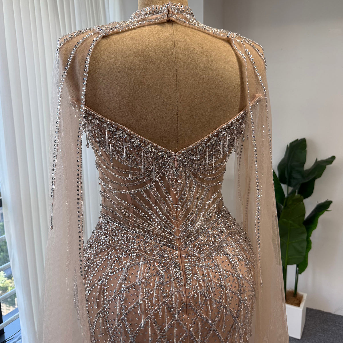Luxury Rhinestone Mermaid Evening Dress Champagne High Neck Formal Gown With Sheer Tulle Cape For Arabic Wedding