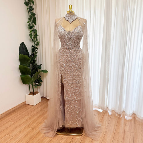 Champagne Nude Beaded Mermaid Evening Gown With Cape | High Neck Formal Dress With Slit For Wedding Party