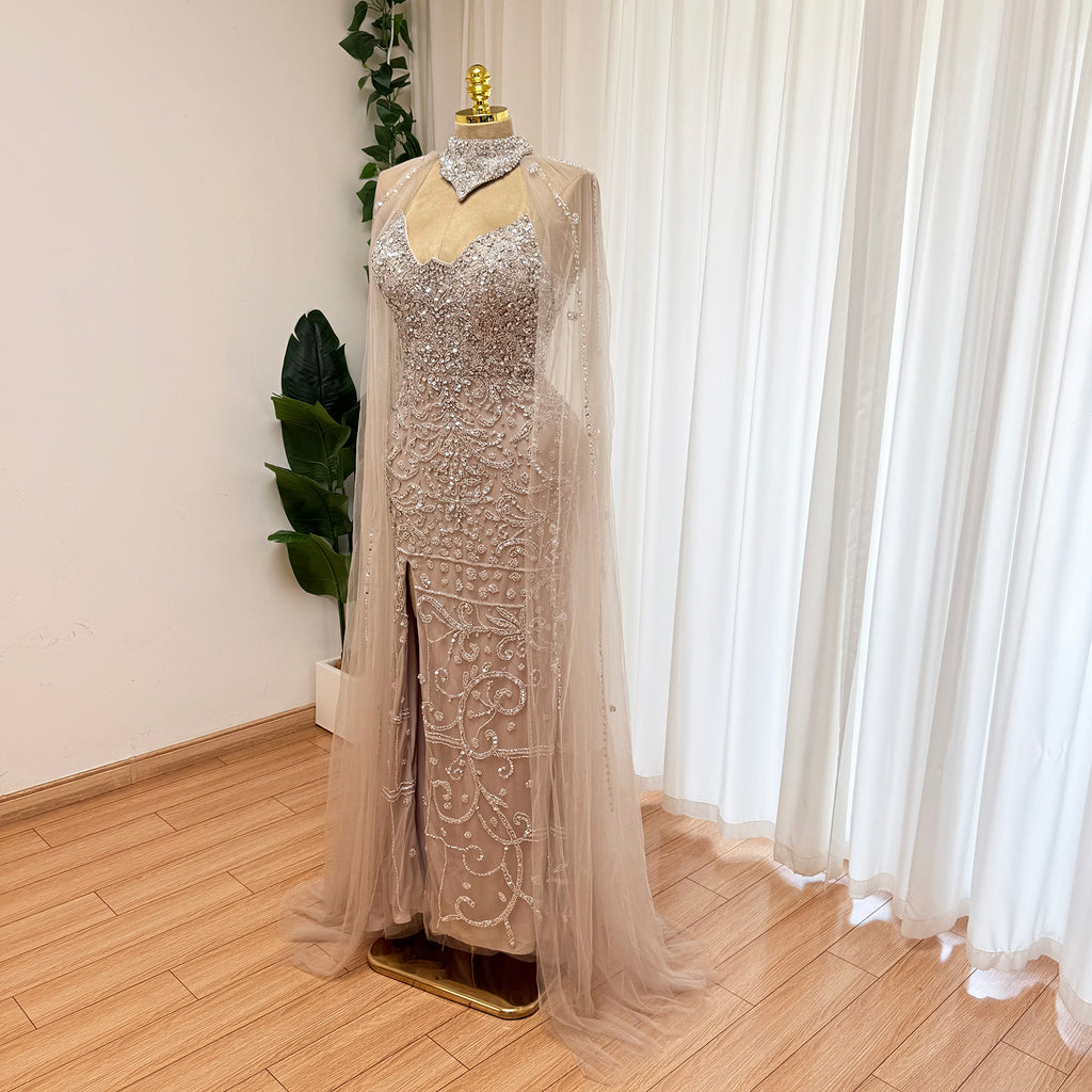 Champagne Nude Beaded Mermaid Evening Gown With Cape | High Neck Formal Dress With Slit For Wedding Party