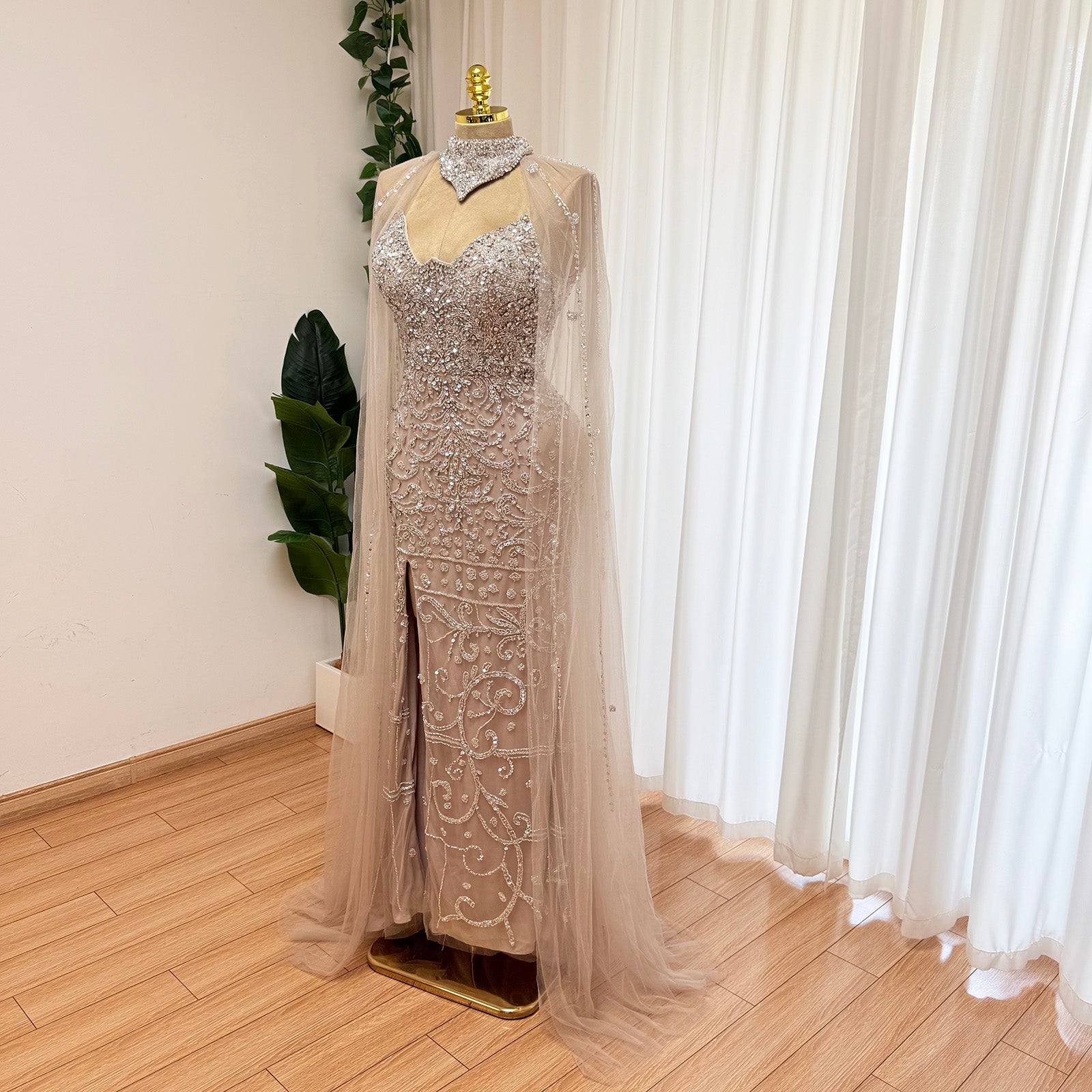 Champagne Nude Beaded Mermaid Evening Gown With Cape | High Neck Formal Dress With Slit For Wedding Party