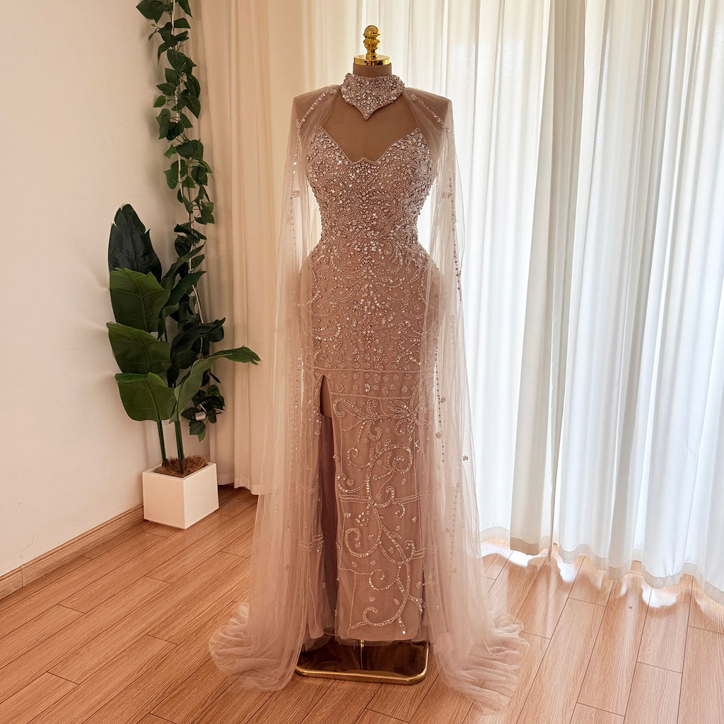 Champagne Nude Beaded Mermaid Evening Gown With Cape | High Neck Formal Dress With Slit For Wedding Party