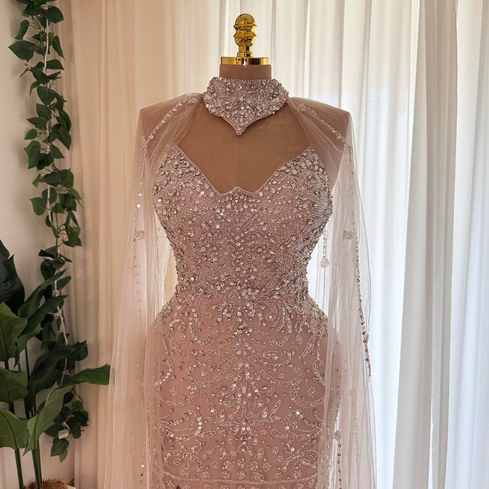 Champagne Nude Beaded Mermaid Evening Gown With Cape | High Neck Formal Dress With Slit For Wedding Party