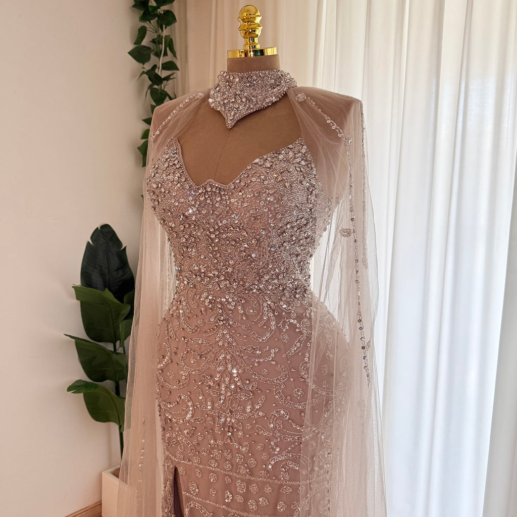 Champagne Nude Beaded Mermaid Evening Gown With Cape | High Neck Formal Dress With Slit For Wedding Party