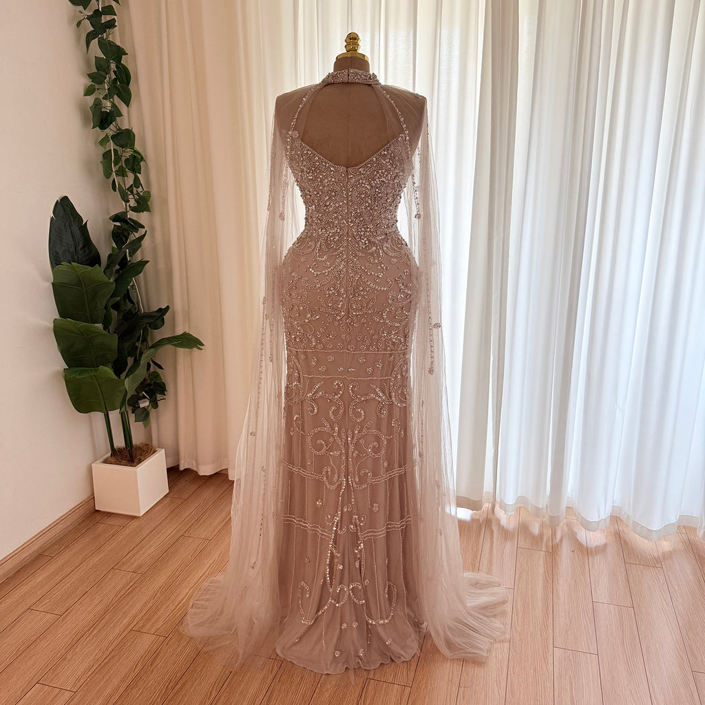 Champagne Nude Beaded Mermaid Evening Gown With Cape | High Neck Formal Dress With Slit For Wedding Party