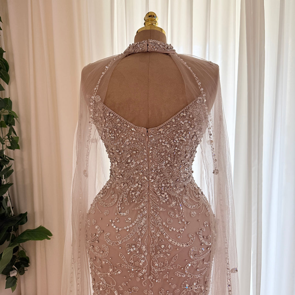 Champagne Nude Beaded Mermaid Evening Gown With Cape | High Neck Formal Dress With Slit For Wedding Party