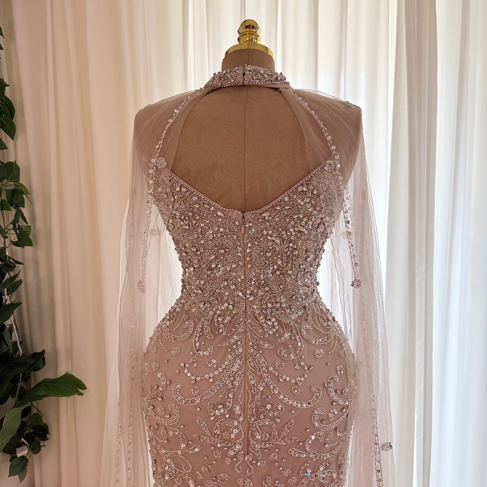Champagne Nude Beaded Mermaid Evening Gown With Cape | High Neck Formal Dress With Slit For Wedding Party