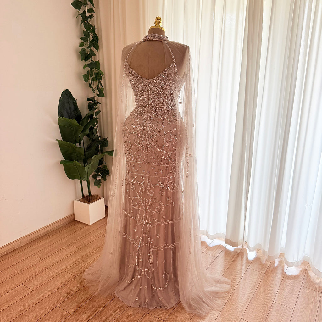 Champagne Nude Beaded Mermaid Evening Gown With Cape | High Neck Formal Dress With Slit For Wedding Party
