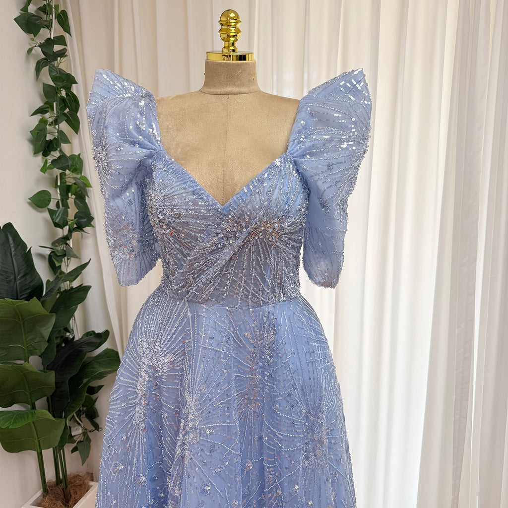 Luxury Beaded Formal Evening Gown Puff Sleeve Sweetheart A-Line Tulle Prom Dress Luxury Sparkly Long Party Dress for Wedding Guest Gala EV1728