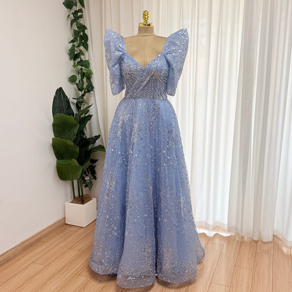 Luxury Beaded Formal Evening Gown Puff Sleeve Sweetheart A-Line Tulle Prom Dress Luxury Sparkly Long Party Dress for Wedding Guest Gala EV1728