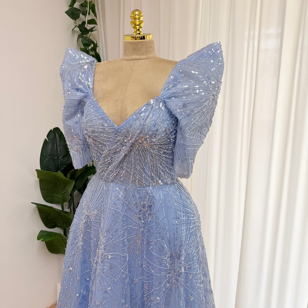 Luxury Beaded Formal Evening Gown Puff Sleeve Sweetheart A-Line Tulle Prom Dress Luxury Sparkly Long Party Dress for Wedding Guest Gala EV1728