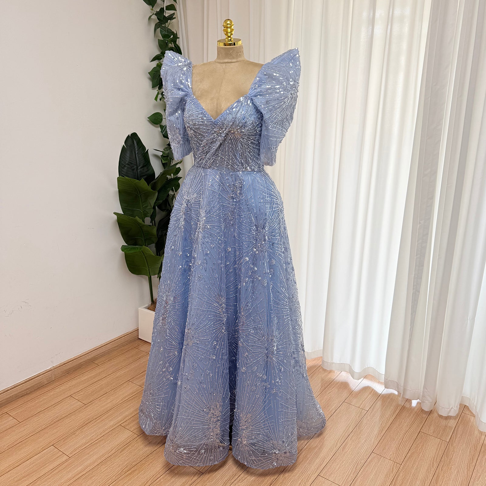 Luxury Beaded Formal Evening Gown Puff Sleeve Sweetheart A-Line Tulle Prom Dress Luxury Sparkly Long Party Dress for Wedding Guest Gala EV1728