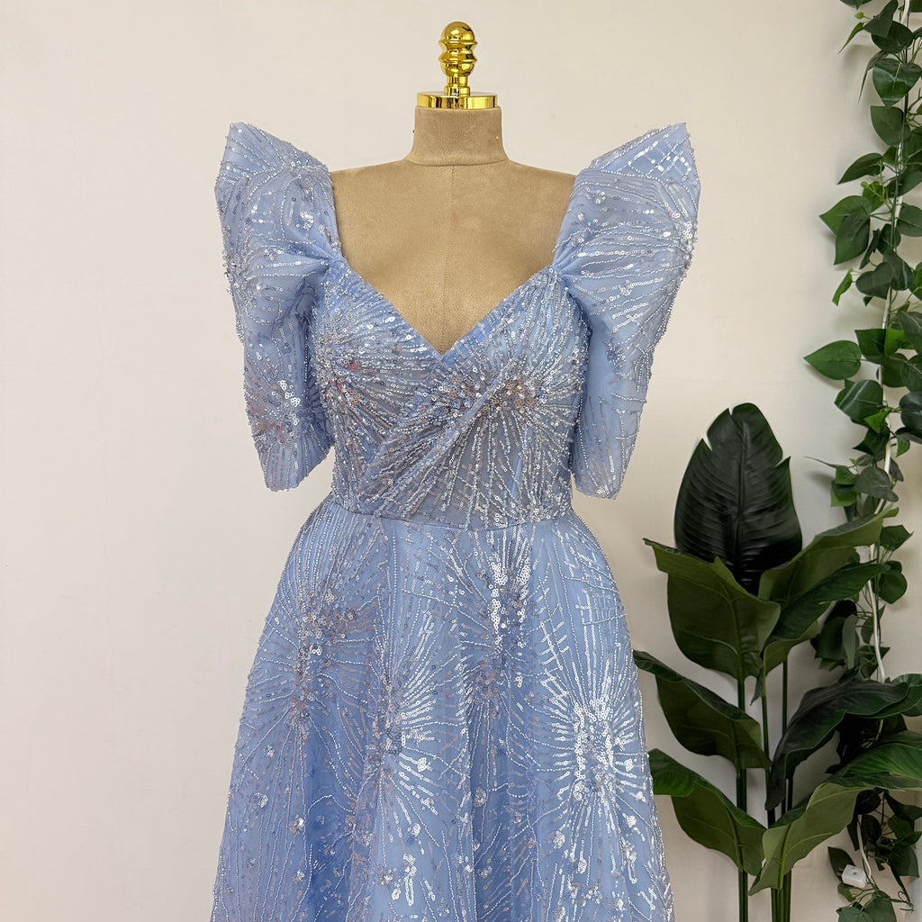 Luxury Beaded Formal Evening Gown Puff Sleeve Sweetheart A-Line Tulle Prom Dress Luxury Sparkly Long Party Dress for Wedding Guest Gala EV1728