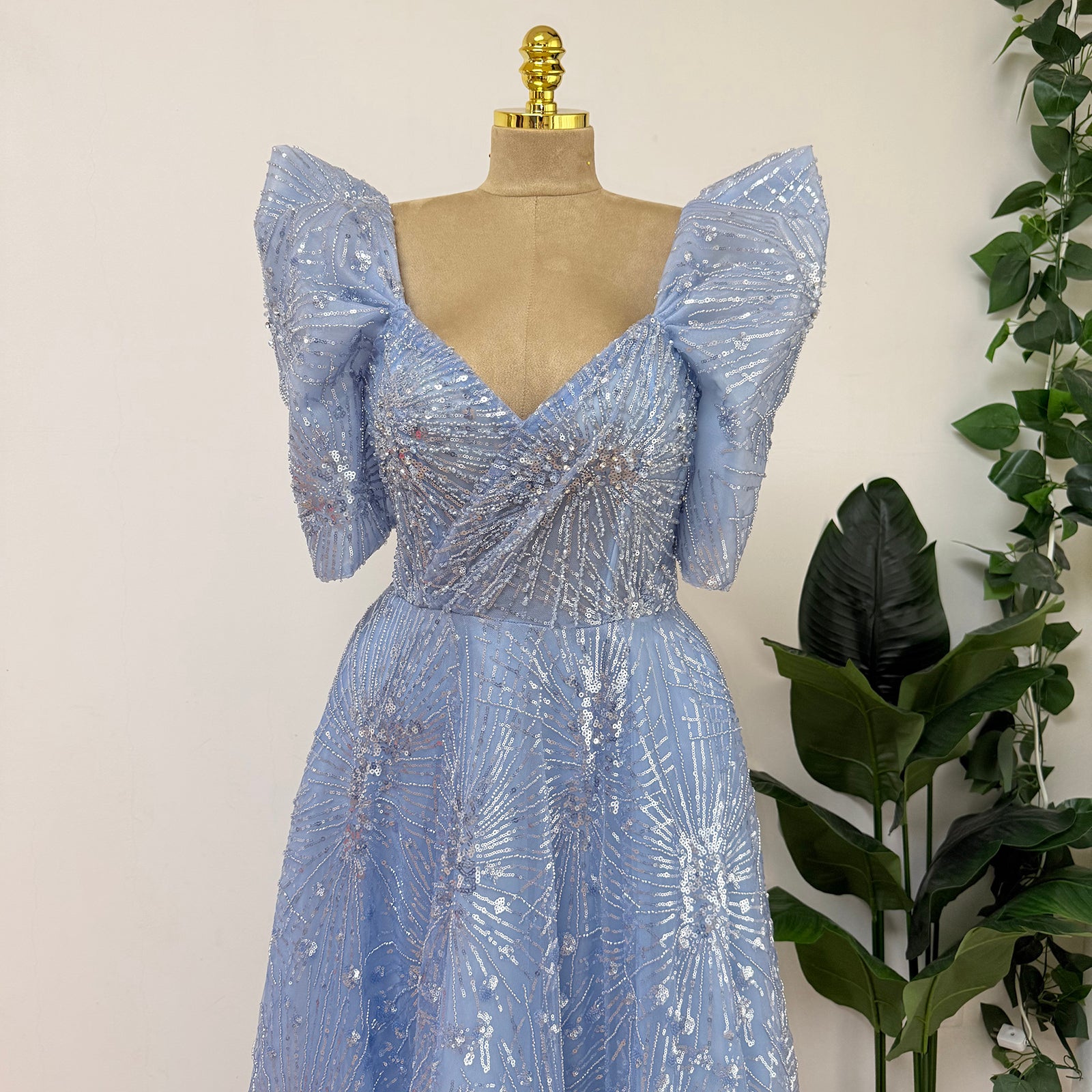 Luxury Beaded Formal Evening Gown Puff Sleeve Sweetheart A-Line Tulle Prom Dress Luxury Sparkly Long Party Dress for Wedding Guest Gala EV1728
