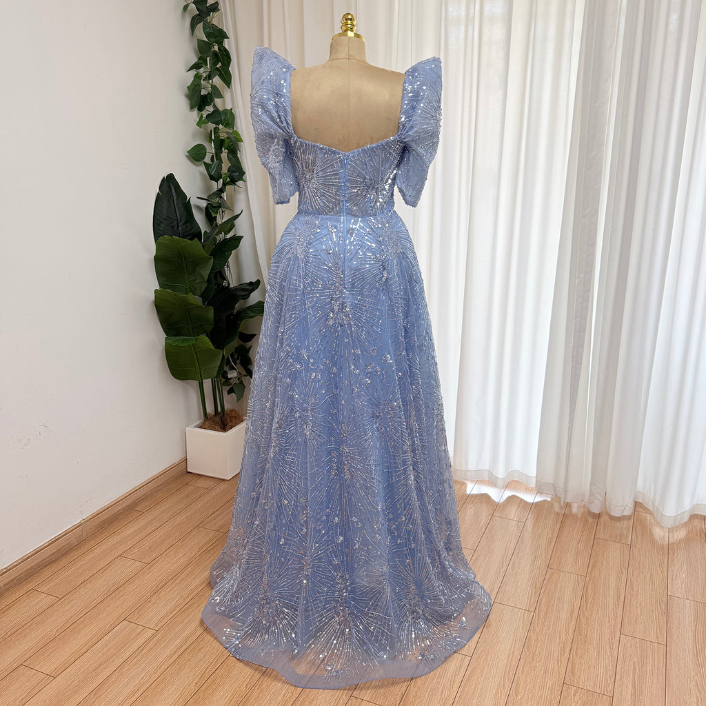 Luxury Beaded Formal Evening Gown Puff Sleeve Sweetheart A-Line Tulle Prom Dress Luxury Sparkly Long Party Dress for Wedding Guest Gala EV1728