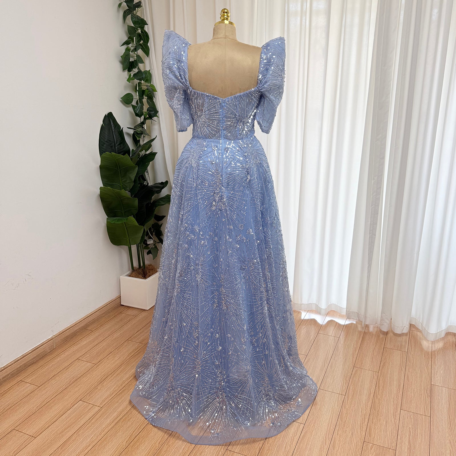 Luxury Beaded Formal Evening Gown Puff Sleeve Sweetheart A-Line Tulle Prom Dress Luxury Sparkly Long Party Dress for Wedding Guest Gala EV1728